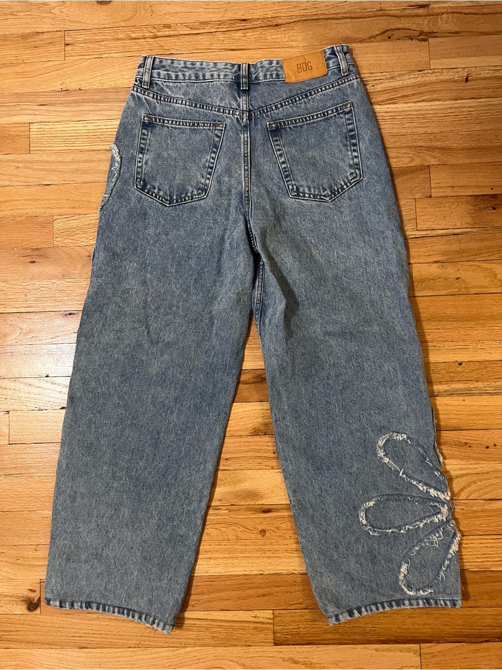 BDG Women's Washed Blue Boyfriend Jeans with Floral Embroidered Detail
